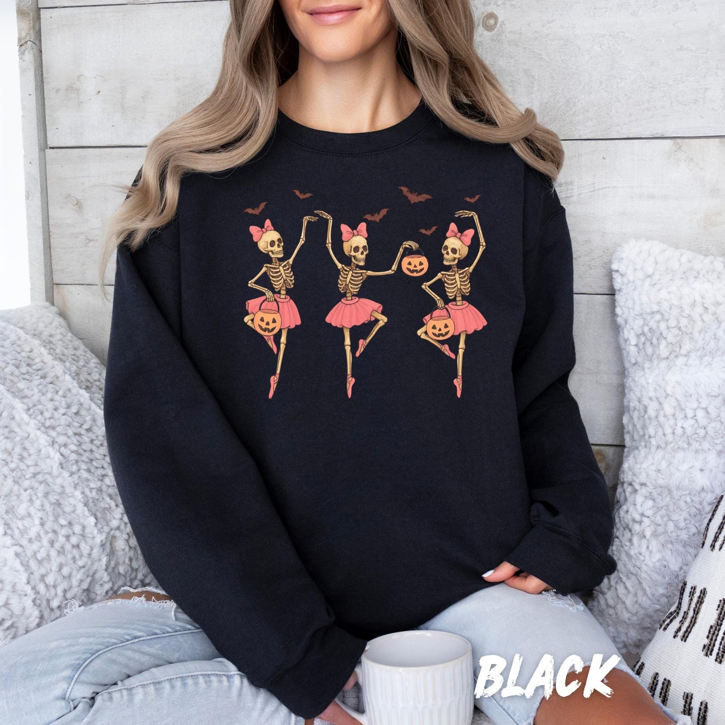 Cute Skeleton Ballerina Halloween Sweatshirt | Pink Tutu Skeleton Pullover | Fall Halloween Dance Sweater for Women and Girls
