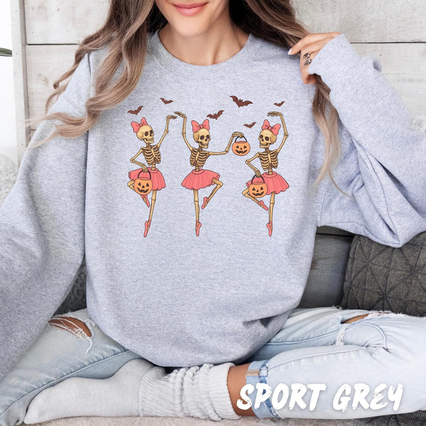 Cute Skeleton Ballerina Halloween Sweatshirt | Pink Tutu Skeleton Pullover | Fall Halloween Dance Sweater for Women and Girls