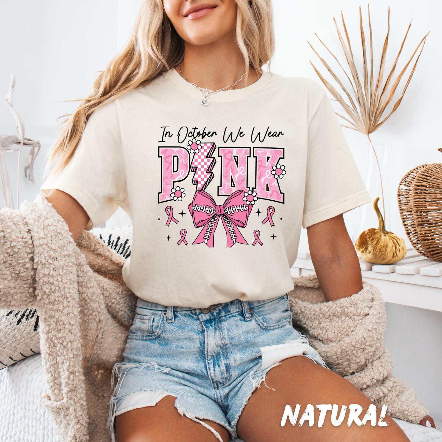In October We Wear Pink T-Shirt – Breast Cancer Awareness Shirt, Pink Ribbon Support Tee, Baseball Bow Pink October Graphic Top
