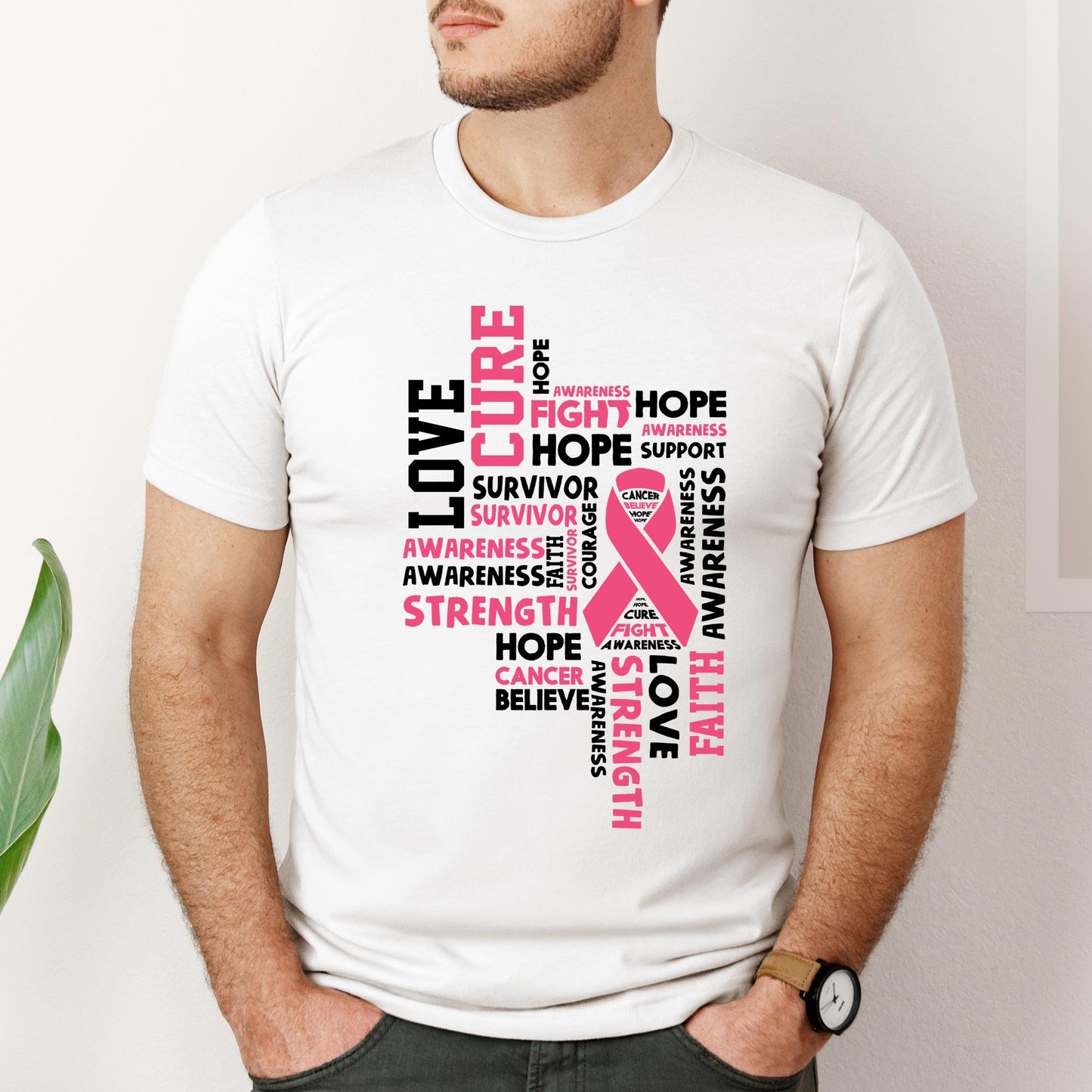 Breast Cancer Awareness Shirt – Pink Ribbon Word Tee, Hope Faith Love Cure Strength Survivor Support T-Shirt for Women - Breast Cancer Gift