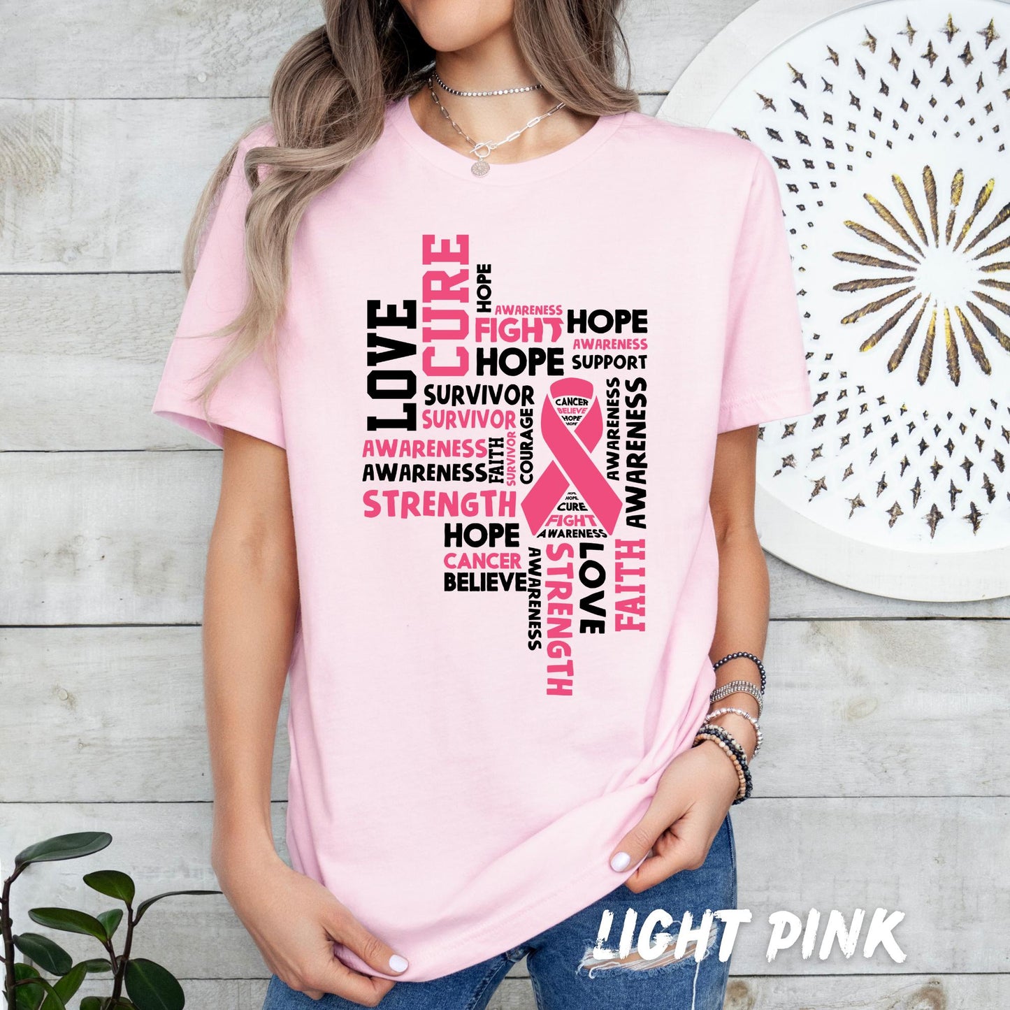 Breast Cancer Awareness Shirt – Pink Ribbon Word Tee, Hope Faith Love Cure Strength Survivor Support T-Shirt for Women - Breast Cancer Gift