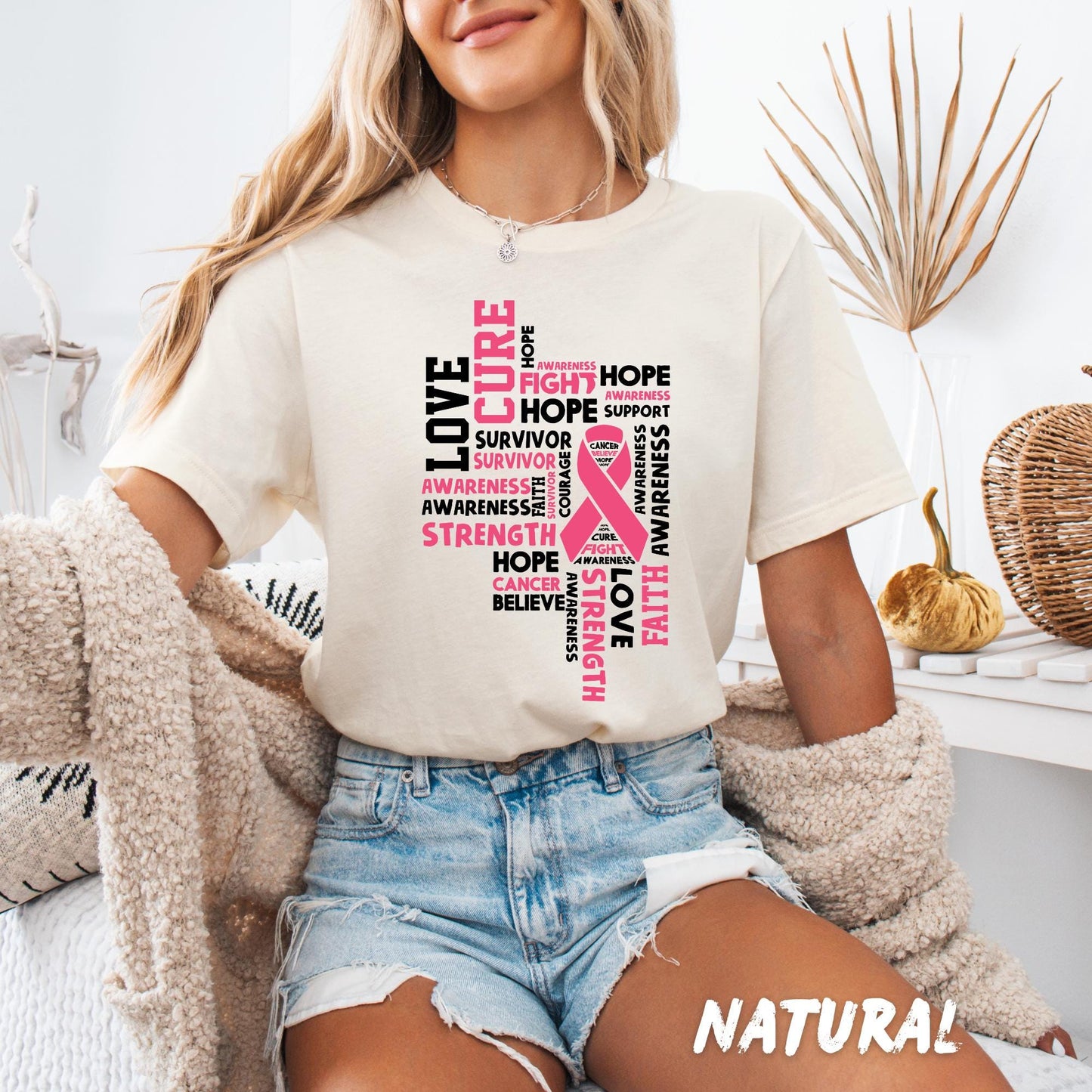 Breast Cancer Awareness Shirt – Pink Ribbon Word Tee, Hope Faith Love Cure Strength Survivor Support T-Shirt for Women - Breast Cancer Gift