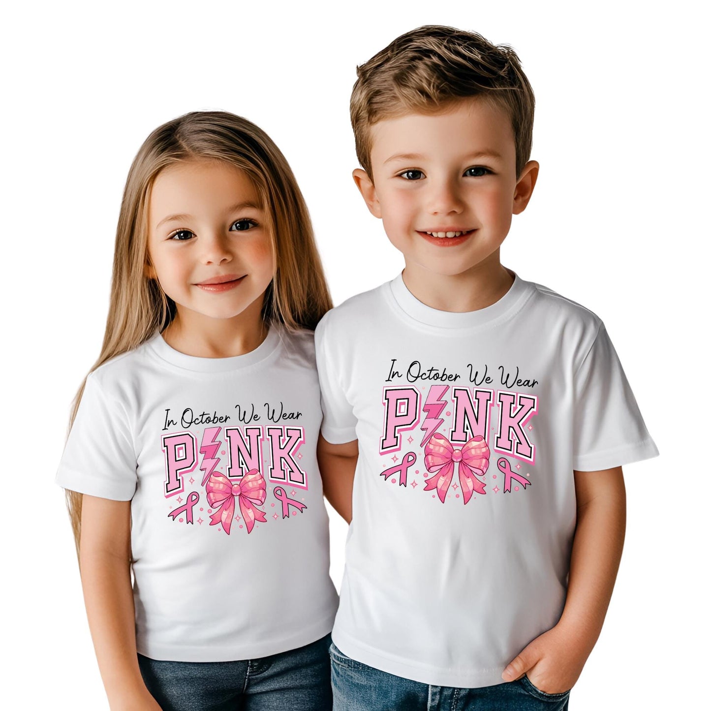 In October We Wear Pink Shirt – Breast Cancer Awareness T-Shirt, Pink Ribbon Bow Graphic Tee, Support Fight Cure, October Pink Top