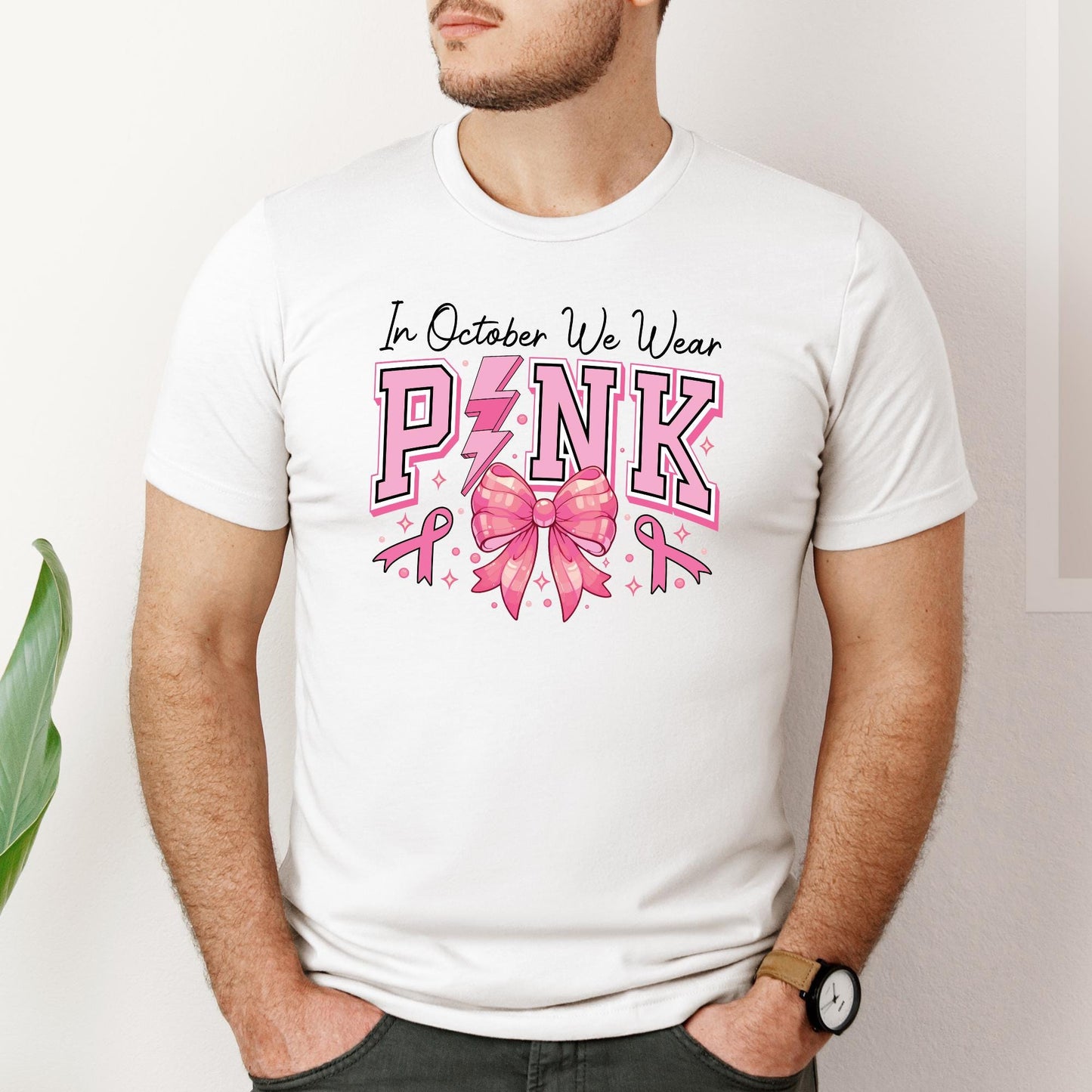 In October We Wear Pink Shirt – Breast Cancer Awareness T-Shirt, Pink Ribbon Bow Graphic Tee, Support Fight Cure, October Pink Top