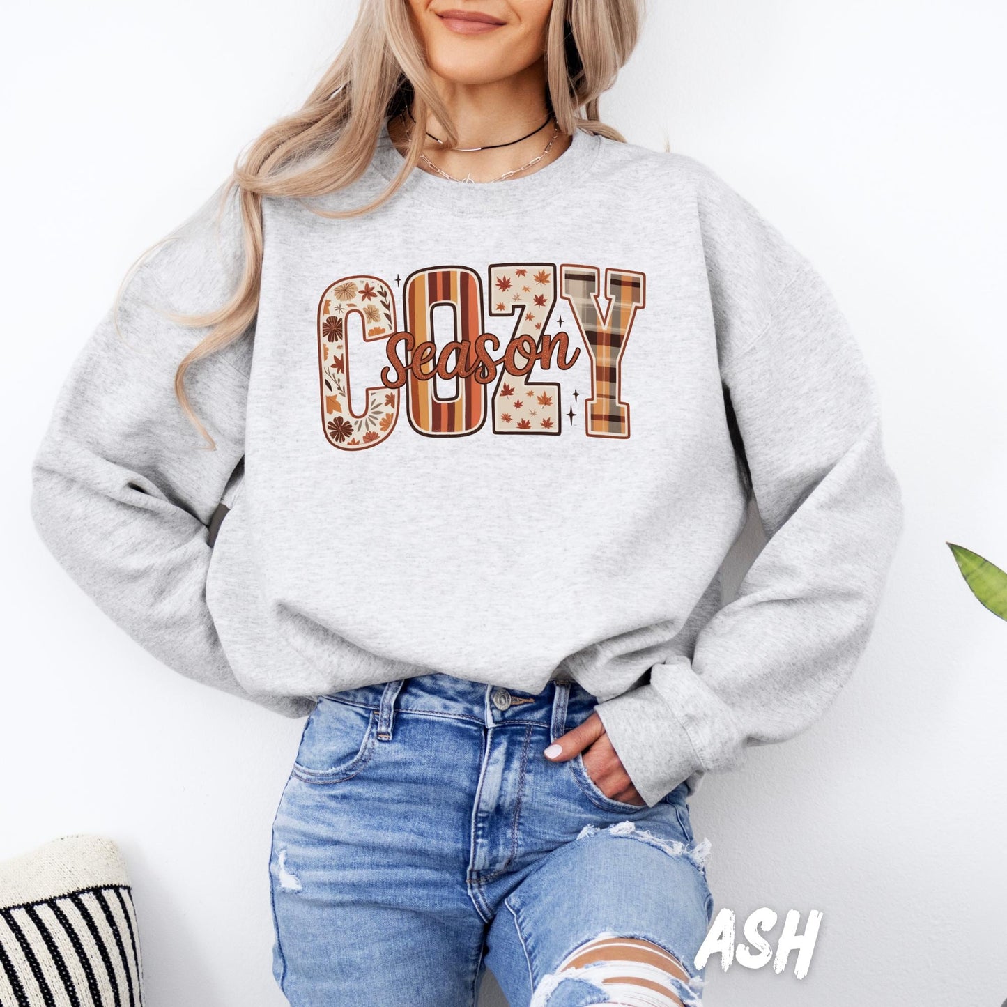 Cozy Season Fall Sweatshirt | Autumn Leaves Plaid Floral Print | Comfy Fall Pullover | Cute Thanksgiving Shirt | Cozy Season Shirt