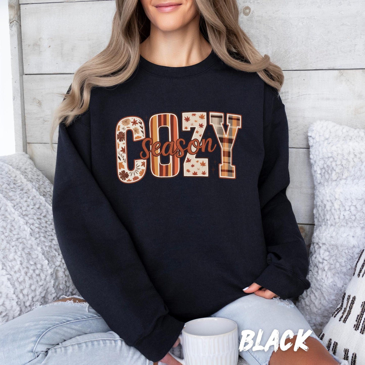 Cozy Season Fall Sweatshirt | Autumn Leaves Plaid Floral Print | Comfy Fall Pullover | Cute Thanksgiving Shirt | Cozy Season Shirt