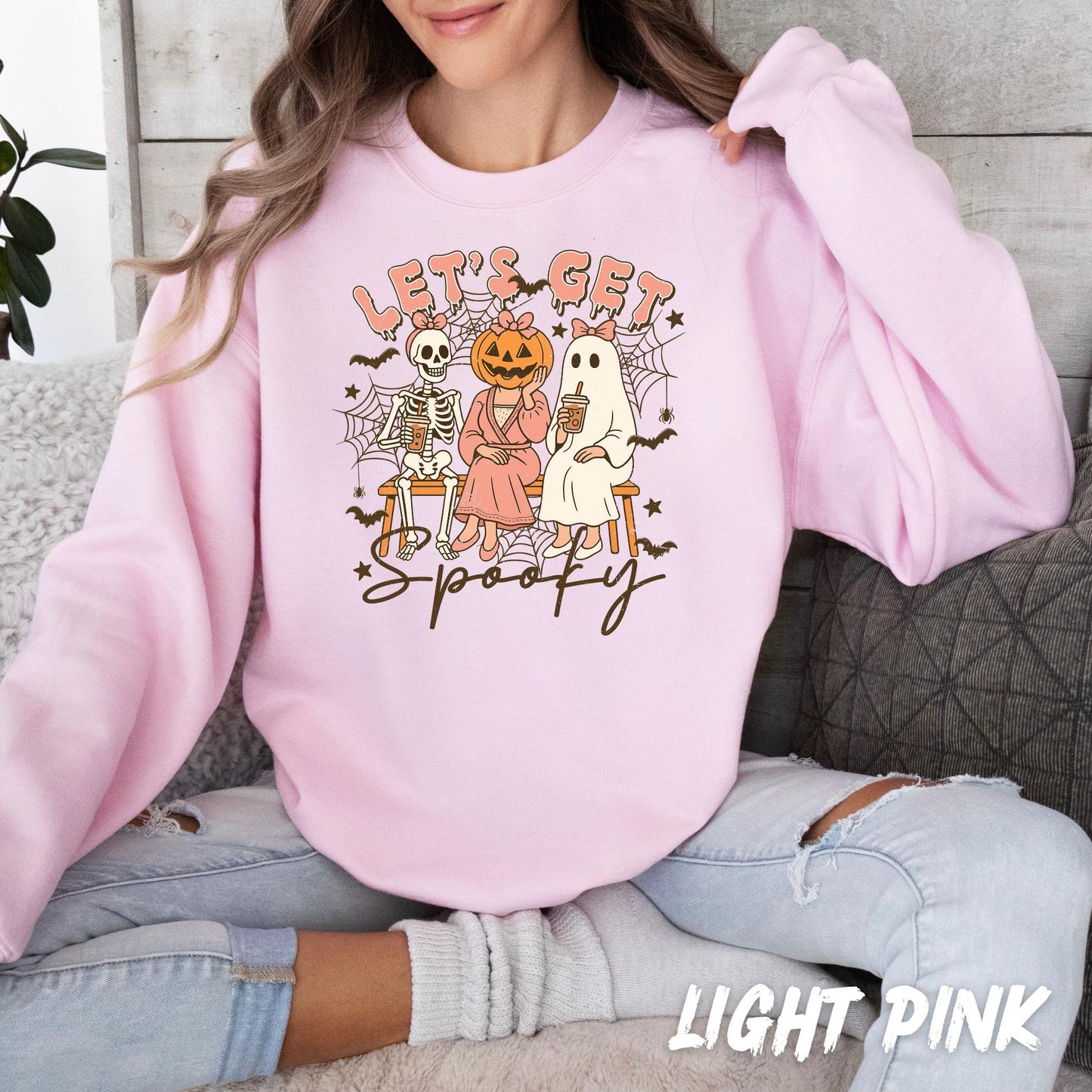 Let’s Get Spooky Sweatshirt | Cute Halloween Sweatshirt for Women | Ghost Pumpkin Skeleton Fall Crewneck | Spooky Season Gift