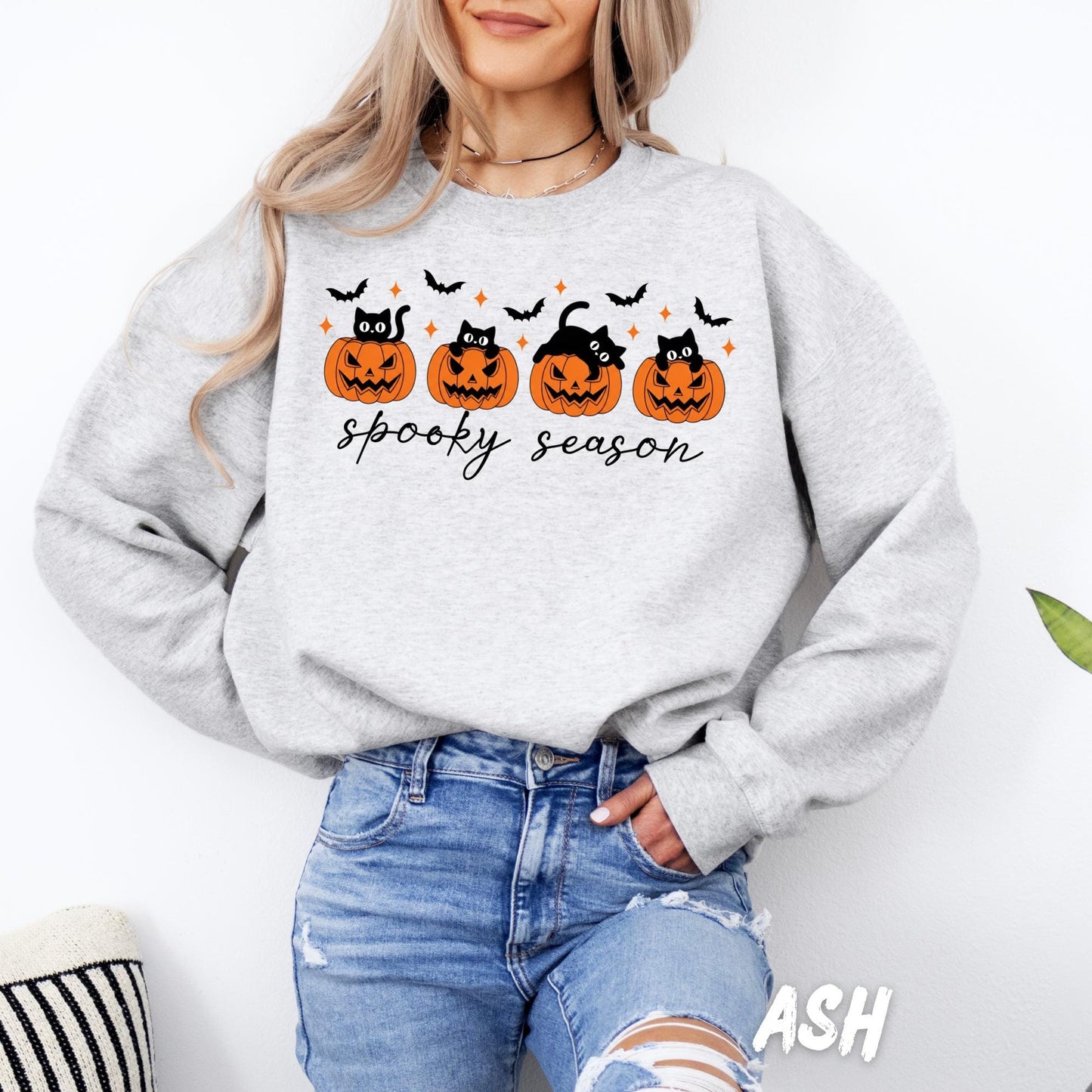 Spooky Season Sweatshirt Halloween Cat Pumpkin Fall Cozy Sand Crewneck Gift for Her Cute Halloween Shirt Autumn Pullover