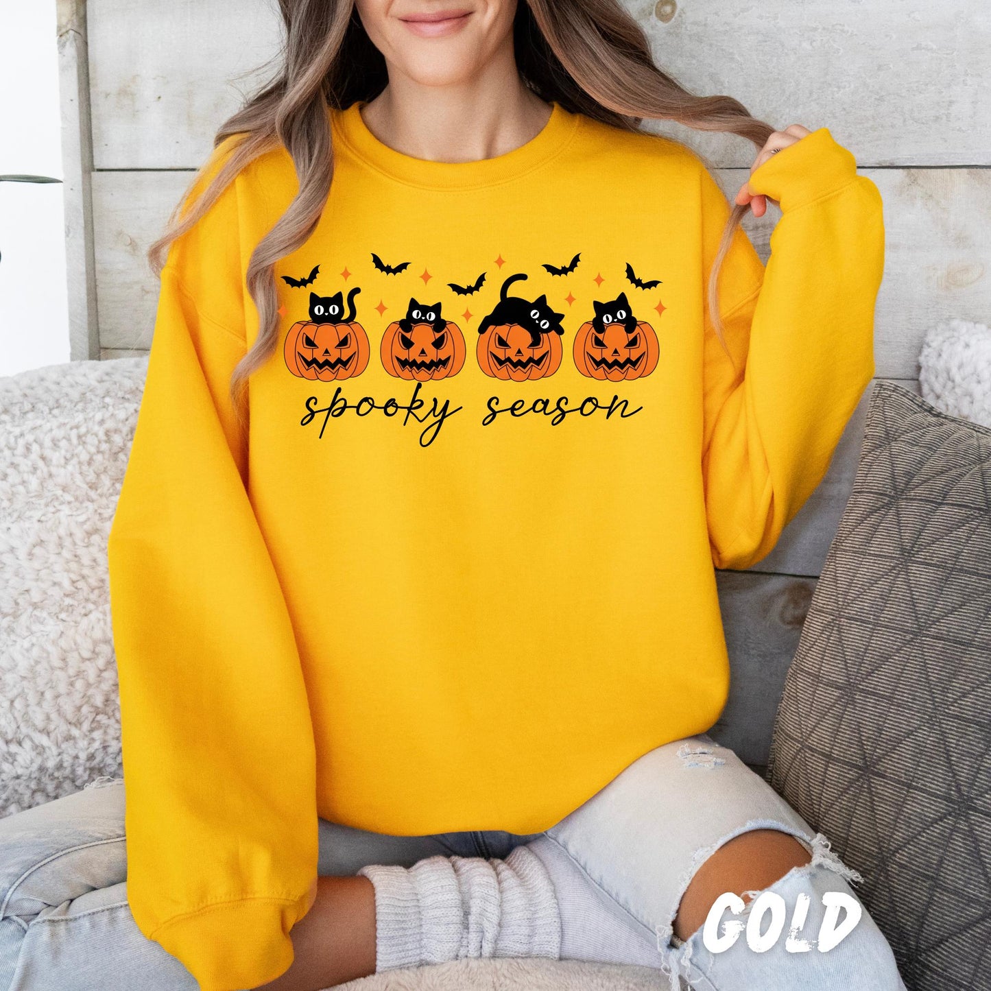 Spooky Season Sweatshirt Halloween Cat Pumpkin Fall Cozy Sand Crewneck Gift for Her Cute Halloween Shirt Autumn Pullover