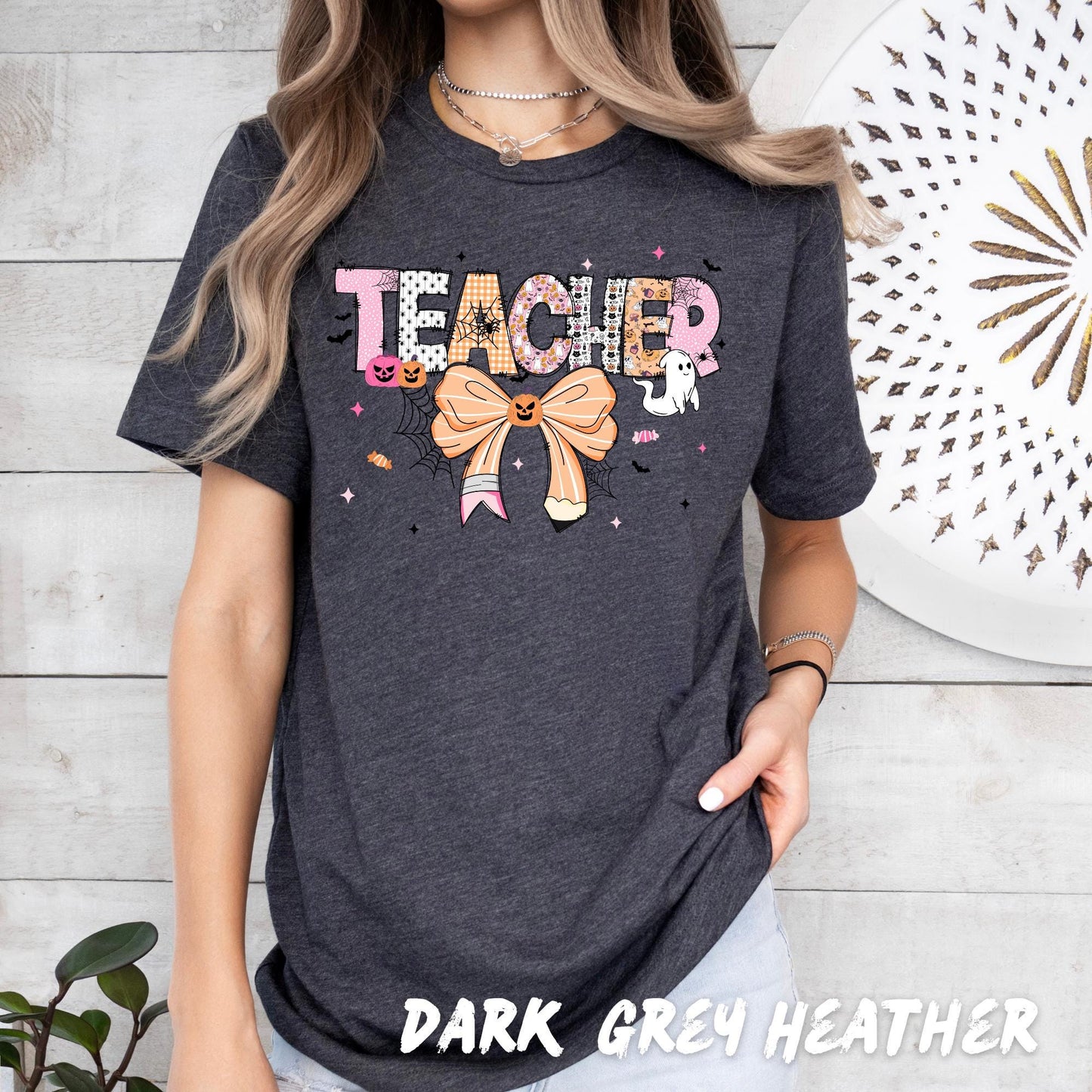 Halloween Teacher Shirt – Cute Teacher Graphic Tee with Pumpkin Bow & Ghosts | Fun Halloween Teacher Outfit | Spooky Teacher Gift Shirt