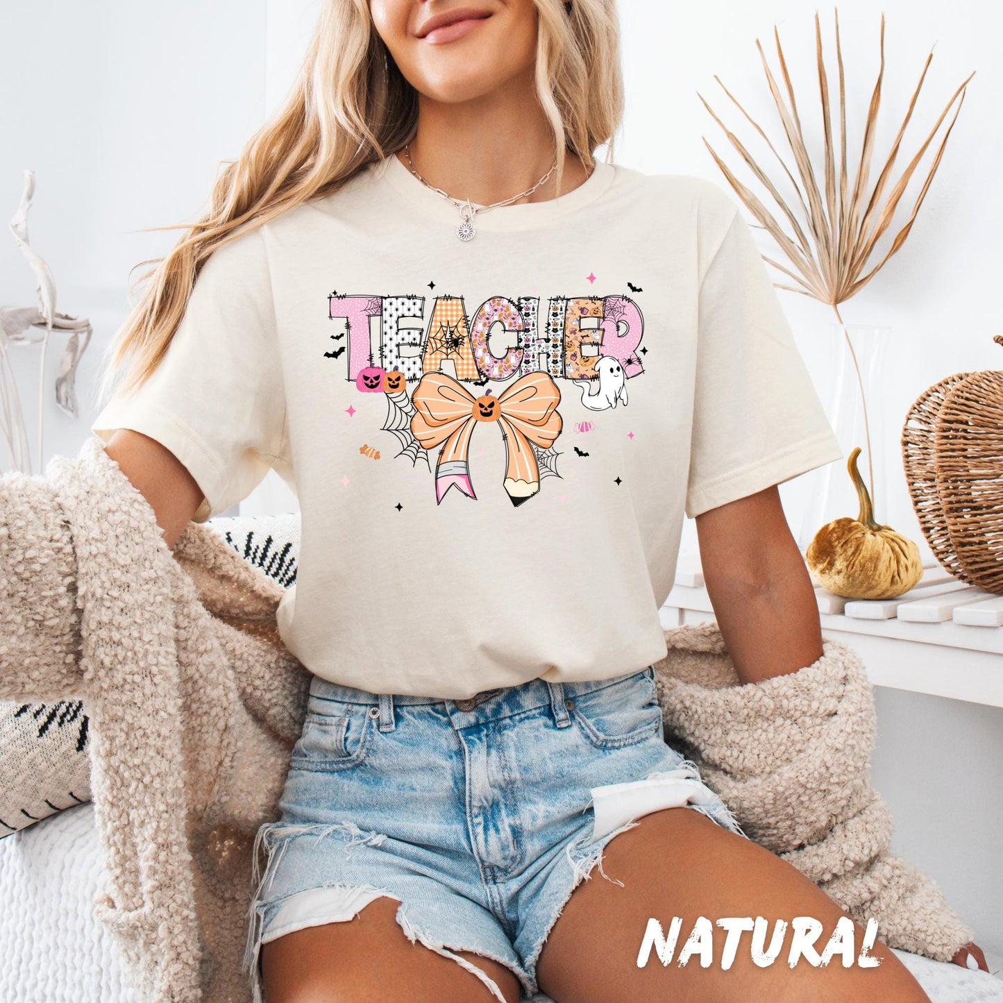 Halloween Teacher Shirt – Cute Teacher Graphic Tee with Pumpkin Bow & Ghosts | Fun Halloween Teacher Outfit | Spooky Teacher Gift Shirt