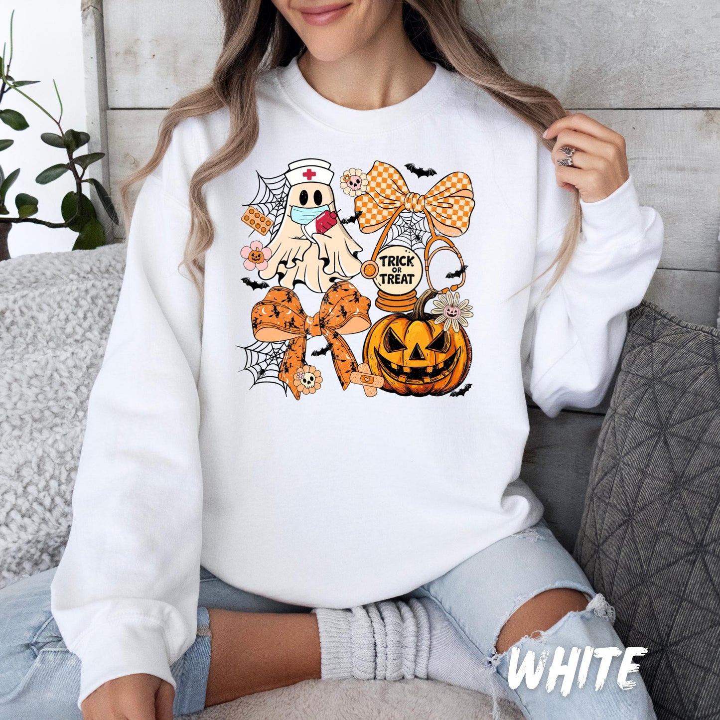 Halloween Nurse Ghost Sweatshirt – Cute Trick or Treat Fall Crewneck – Spooky Season Nurse Shirt – Medical Halloween Sweater