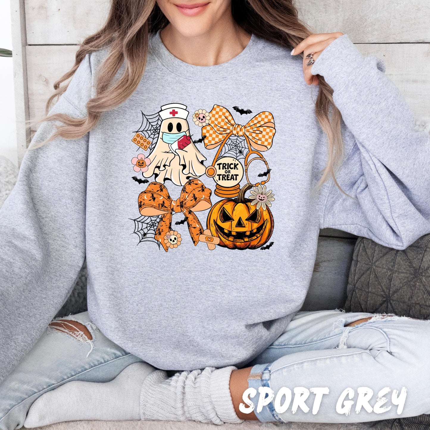 Halloween Nurse Ghost Sweatshirt – Cute Trick or Treat Fall Crewneck – Spooky Season Nurse Shirt – Medical Halloween Sweater