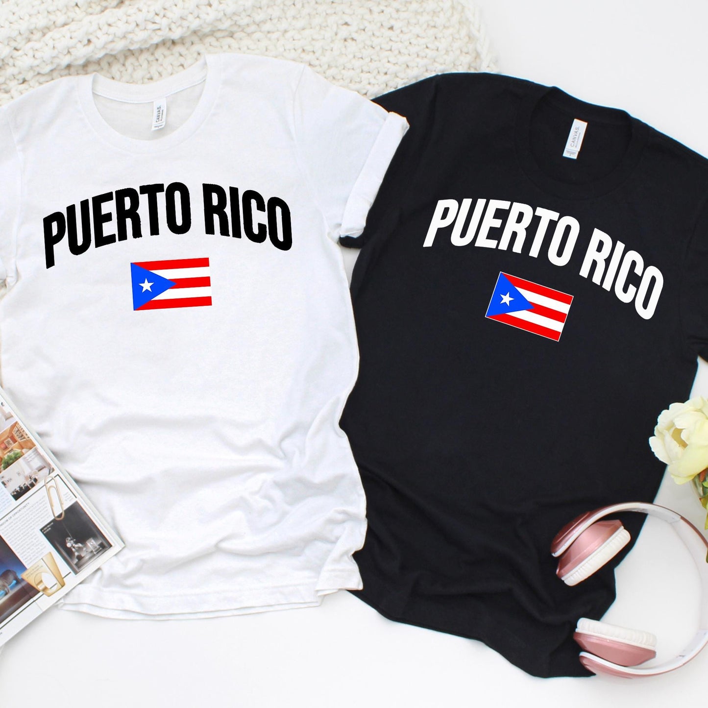 Unisex Puerto Rico t-shirts in black and white with bold PUERTO RICO text and Puerto Rican flag graphic. Short sleeve casual tee for men and women, perfect for Boricua pride, heritage, and cultural celebrations.