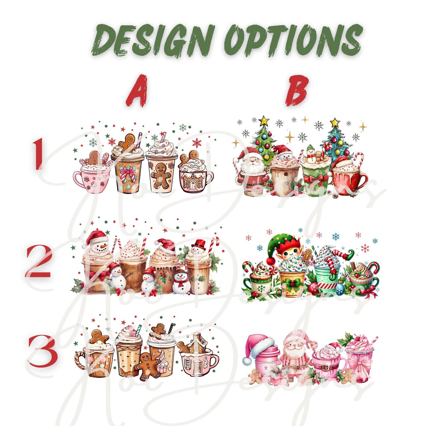 Christmas shirt and sweatshirt design options chart showing 9 festive graphics. Includes mugs with snowmen, gingerbread men, Santa Claus, Christmas trees, and candy canes. Customers can choose their favorite holiday style for a personalized look.