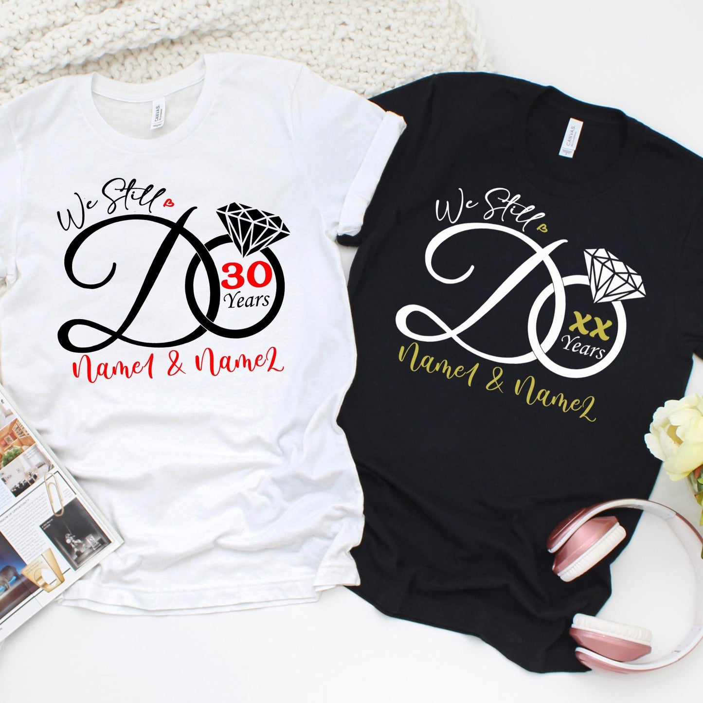 Personalized anniversary shirt design with “We Still Do” and diamond ring graphic.
Custom couple t-shirt with names and years for wedding anniversary celebration.
We Still Do anniversary tee with diamond design, personalized with names.
Custom wedding anniversary shirt, add couple names and milestone years.
Anniversary celebration shirt, customizable names and years, elegant diamond design.
Custom matching anniversary t-shirts with “We Still Do” and milestone year.