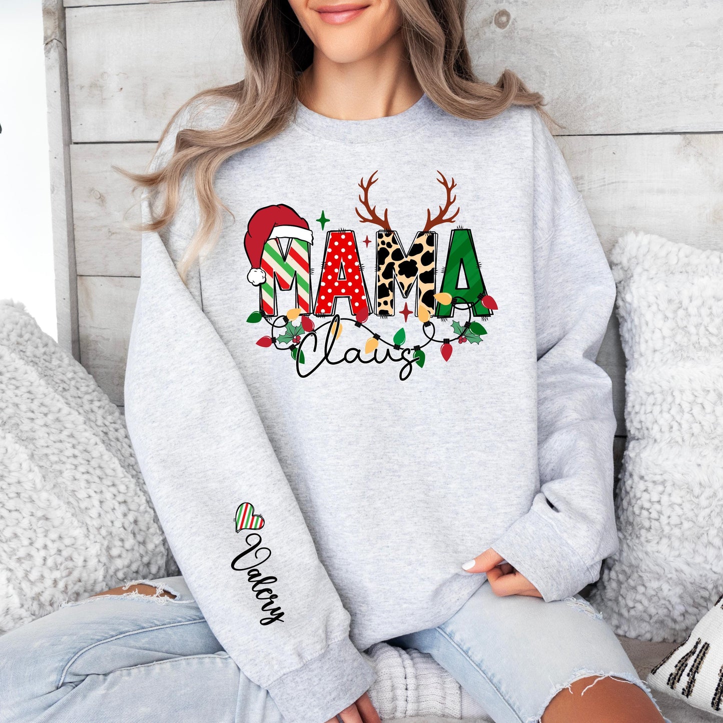 Custom Mama Claus Sweatshirt with Kids Names - Personalized Christmas Sweater for Mom - Holiday Mommy Leopard & Reindeer Design