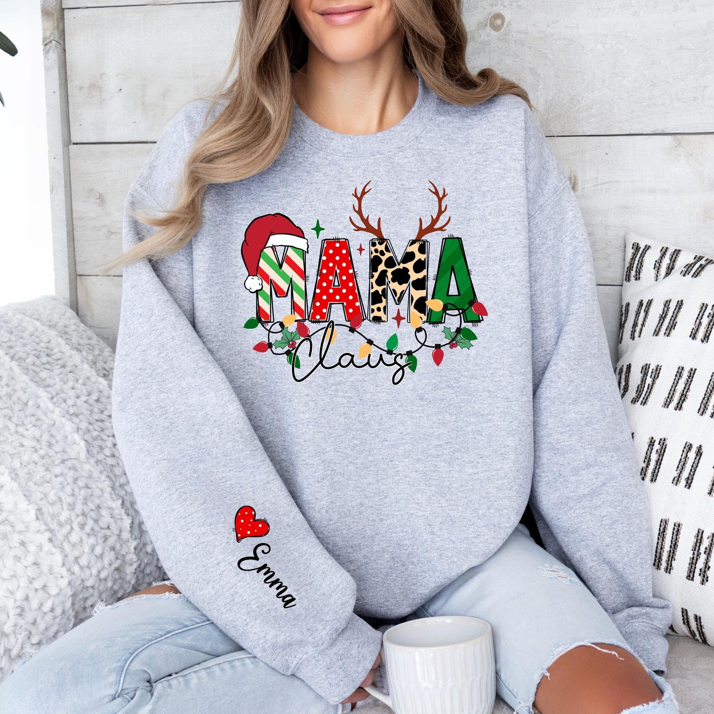 Custom Mama Claus Sweatshirt with Kids Names - Personalized Christmas Sweater for Mom - Holiday Mommy Leopard & Reindeer Design