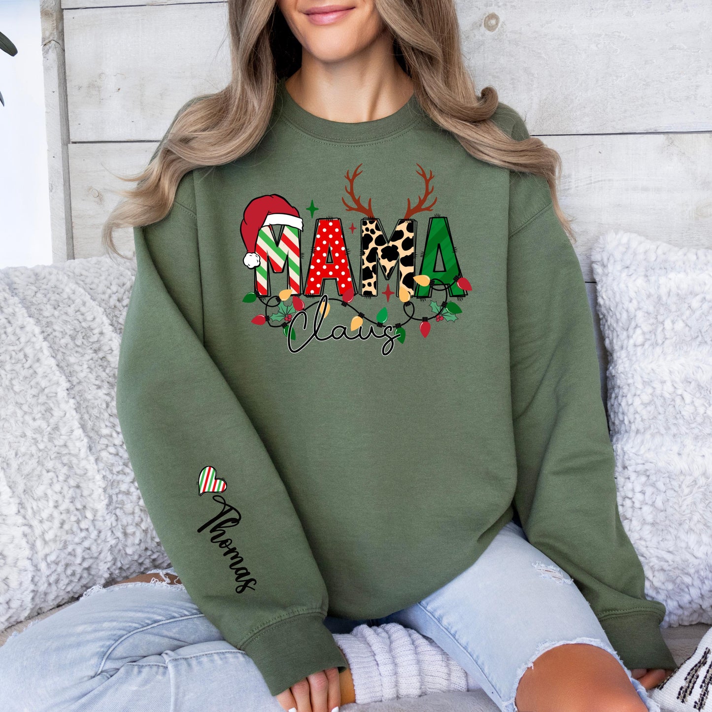 Custom Mama Claus Sweatshirt with Kids Names - Personalized Christmas Sweater for Mom - Holiday Mommy Leopard & Reindeer Design