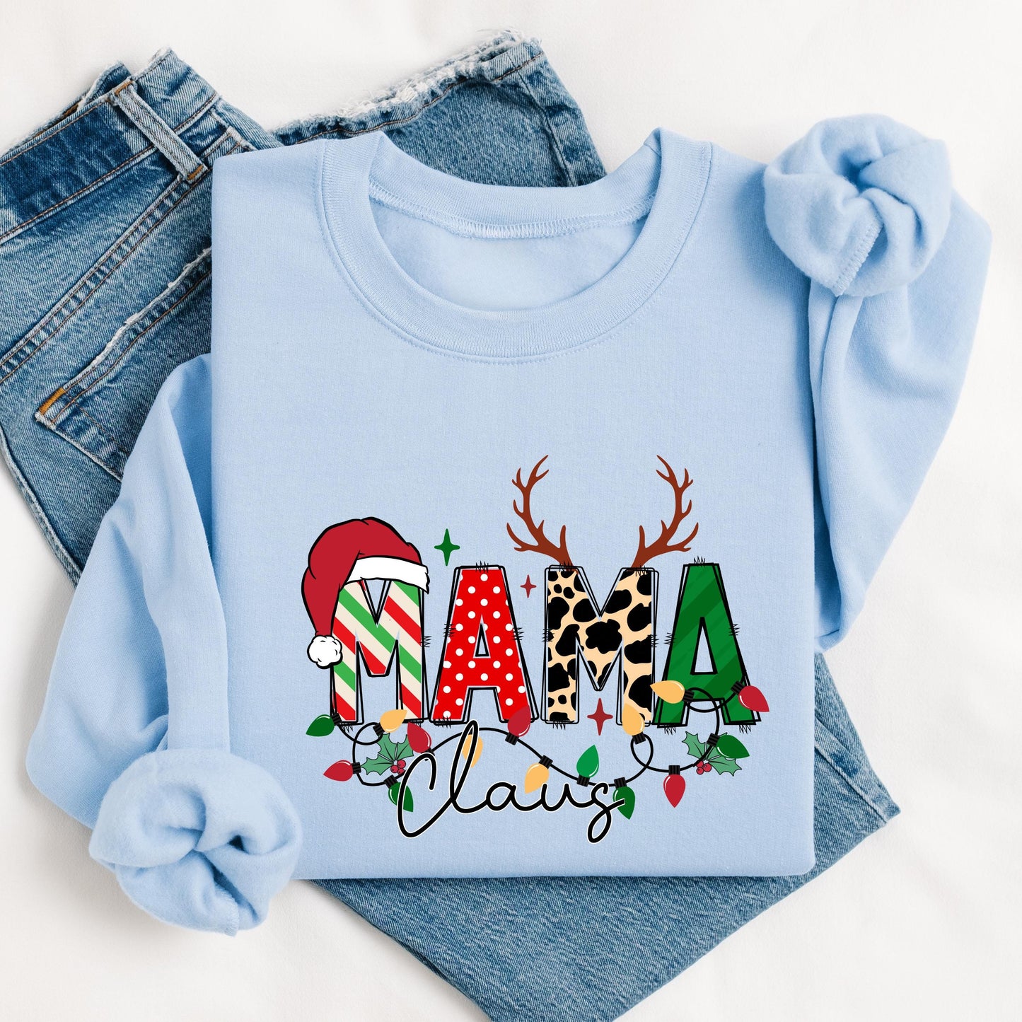 Custom Mama Claus Sweatshirt with Kids Names - Personalized Christmas Sweater for Mom - Holiday Mommy Leopard & Reindeer Design
