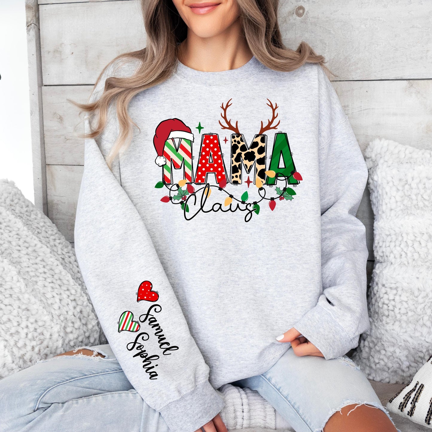 Custom Mama Claus Sweatshirt with Kids Names - Personalized Christmas Sweater for Mom - Holiday Mommy Leopard & Reindeer Design