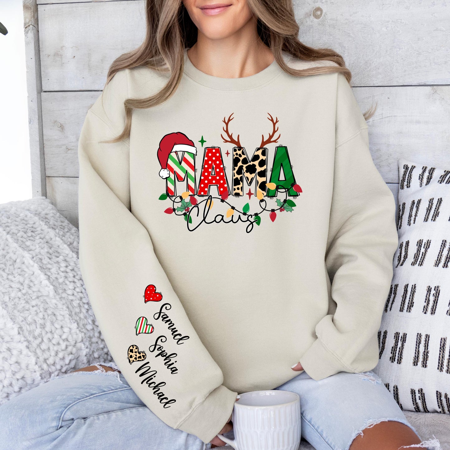 Custom Mama Claus Sweatshirt with Kids Names - Personalized Christmas Sweater for Mom - Holiday Mommy Leopard & Reindeer Design