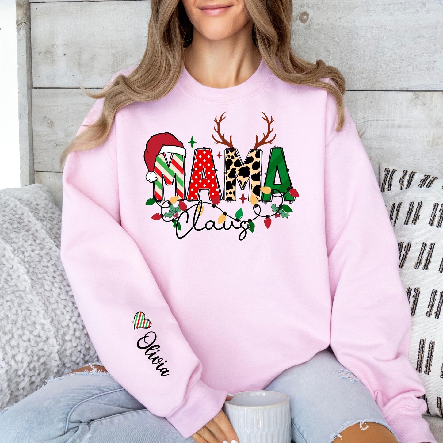 Custom Mama Claus Sweatshirt with Kids Names - Personalized Christmas Sweater for Mom - Holiday Mommy Leopard & Reindeer Design