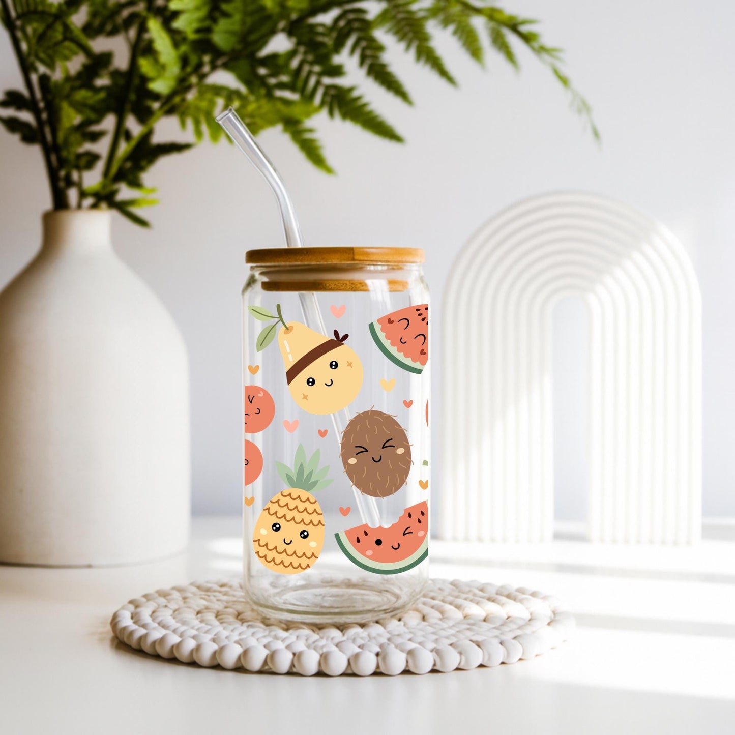 Groovy Summer Fruits Aesthetic Iced Coffee Cup 20oz, Cute Reusable Glass Tumbler with Lid and Straw