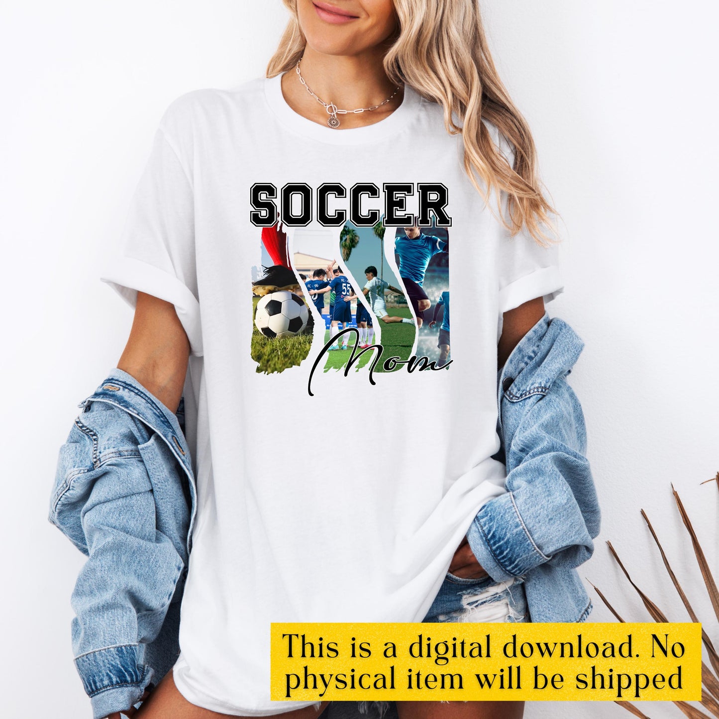 White t-shirt mockup showing custom soccer mom photo collage design, personalized sports mom gift digital download