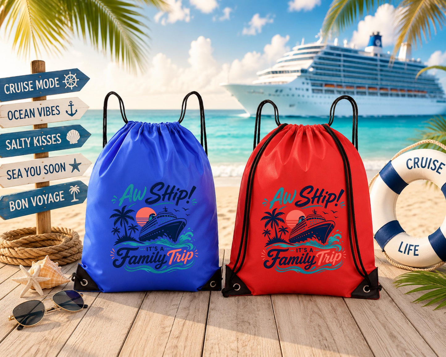 Lifestyle image of a personalized cruise backpack perfect for carrying beach towels, sunscreen, snacks, and water bottles during a family cruise.