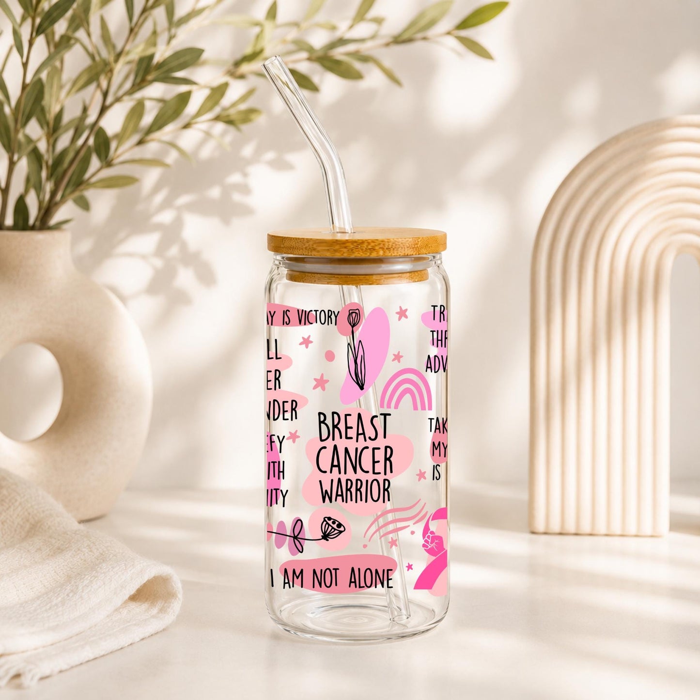 Breast Cancer Warrior Glass Cup 20oz with Bamboo Lid and Glass Straw, Pink Ribbon Cancer Survivor Tumbler, Breast Cancer Gift for Women