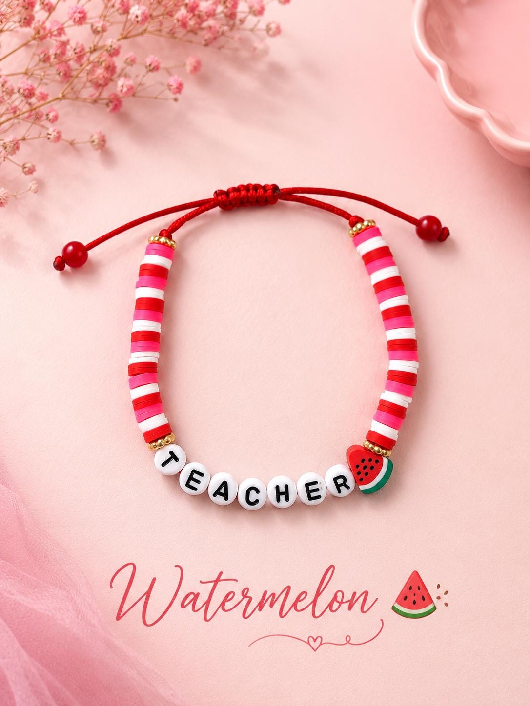 Personalized Name Bracelet, Custom Clay Bead Bracelet, Fruit Charm Bracelet, Adjustable Friendship Bracelet, Kids Bracelet, Teacher Gift