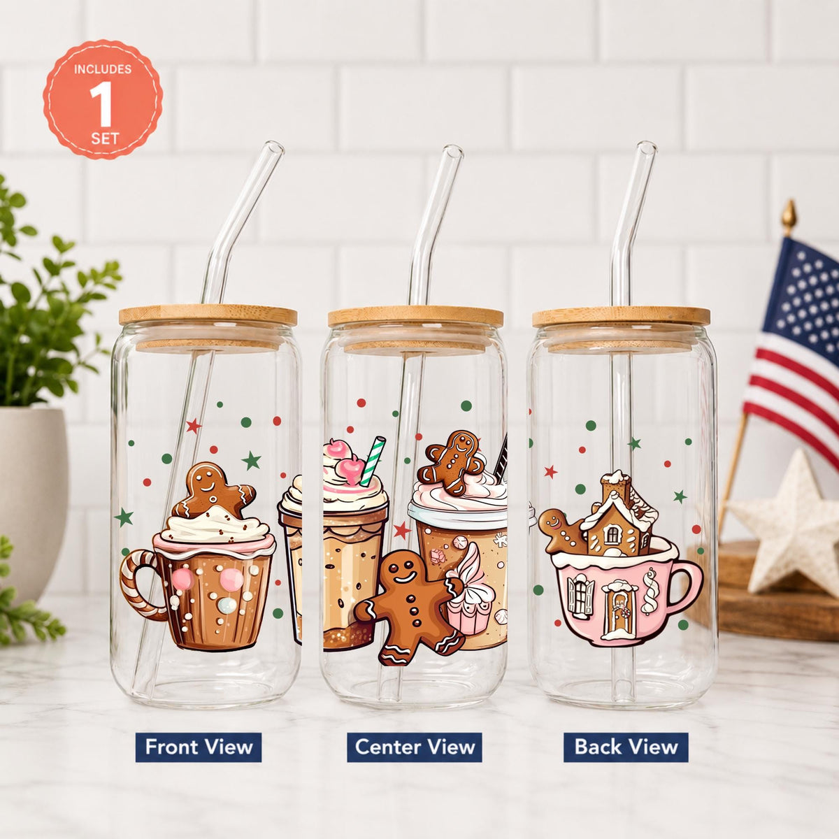 Christmas Glass Cup with Bamboo Lid & Straw, 16 oz Holiday Coffee Cup, Gingerbread Snowman Santa Iced Coffee Glass, Christmas Gift