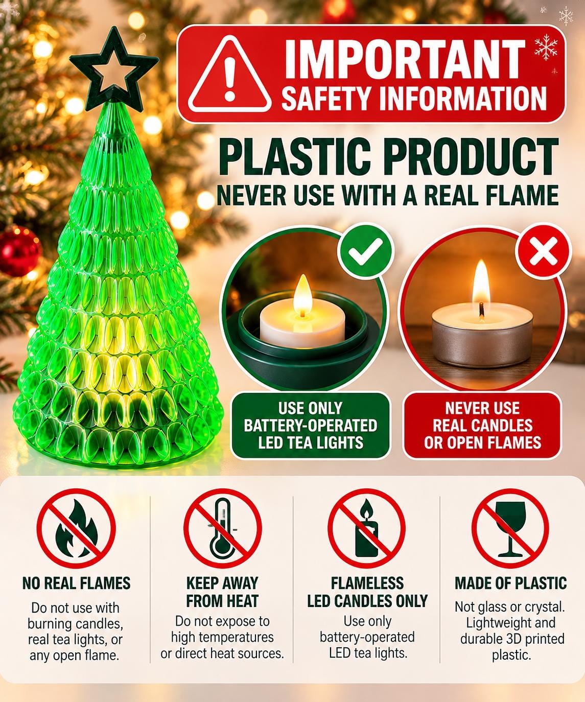 Green Christmas Tree LED Tealight Holder Plastic Holiday Tabletop Decor