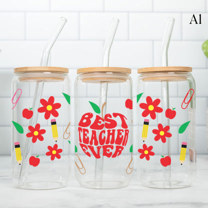 Teacher Glass Cup 20oz with Glass Straw and Bamboo Lid Teacher gifts