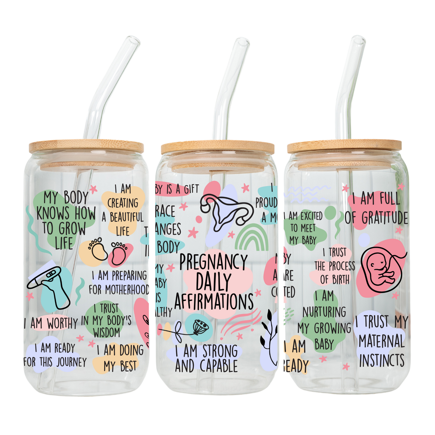 Daily Motivation Glass Cup 20oz with Glass Straw and Bamboo Lid Teacher gifts