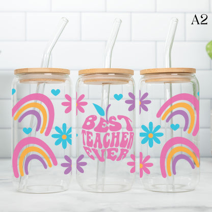 Teacher Glass Cup 20oz with Glass Straw and Bamboo Lid Teacher gifts