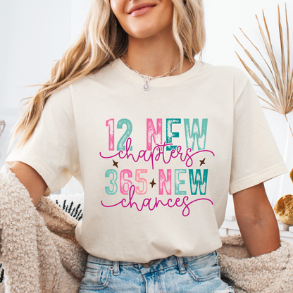 Family New Year Shirts - 100% Cotton Unisex T-Shirts for Adults and Kids - "12 New Chapters, 365 New Chances" Inspirational Design