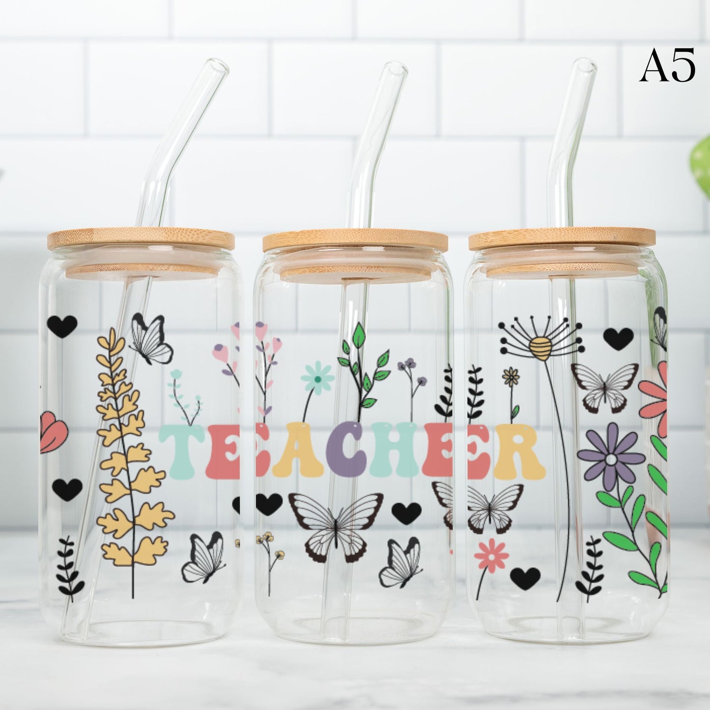 Teacher Glass Cup 20oz with Glass Straw and Bamboo Lid Teacher gifts