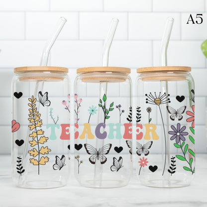 Teacher Glass Cup 20oz with Glass Straw and Bamboo Lid Teacher gifts