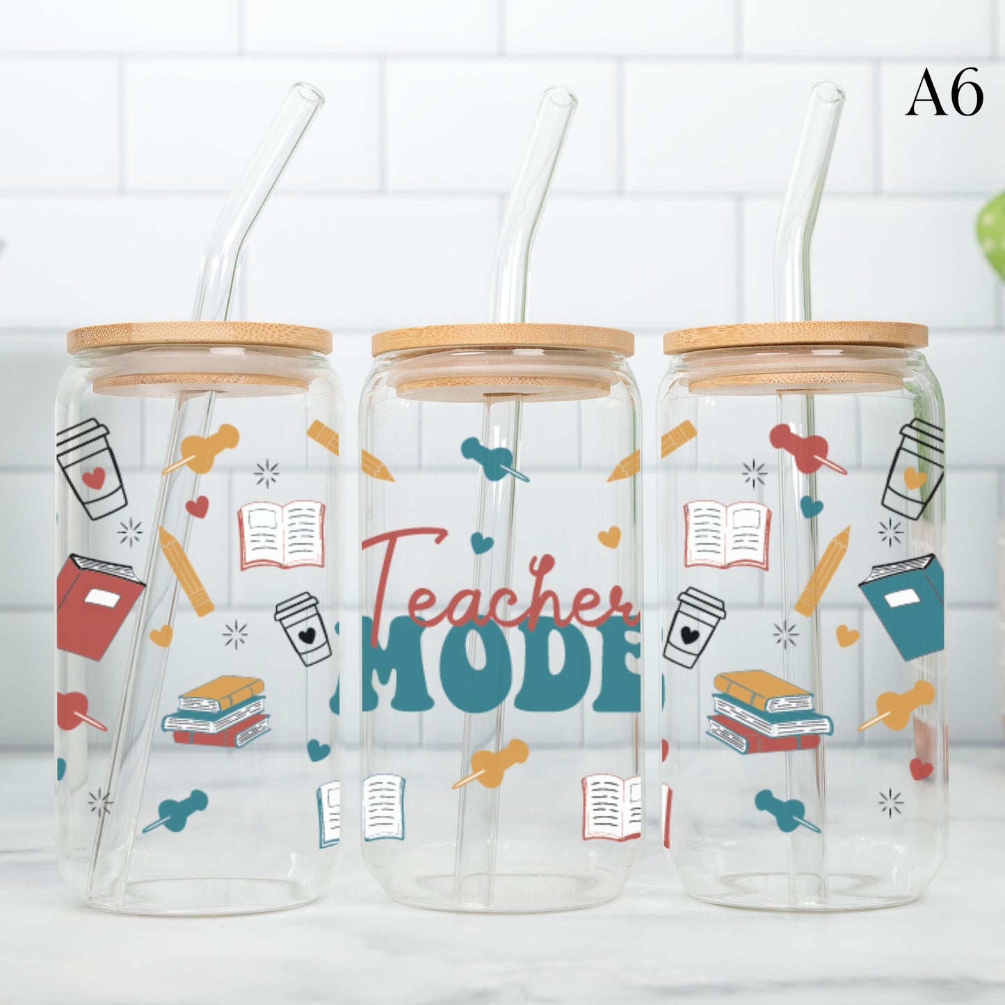 Teacher Glass Cup 20oz with Glass Straw and Bamboo Lid Teacher gifts