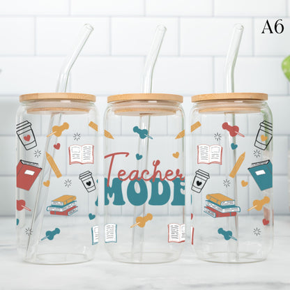 Teacher Glass Cup 20oz with Glass Straw and Bamboo Lid Teacher gifts