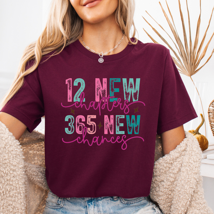 Family New Year Shirts - 100% Cotton Unisex T-Shirts for Adults and Kids - "12 New Chapters, 365 New Chances" Inspirational Design