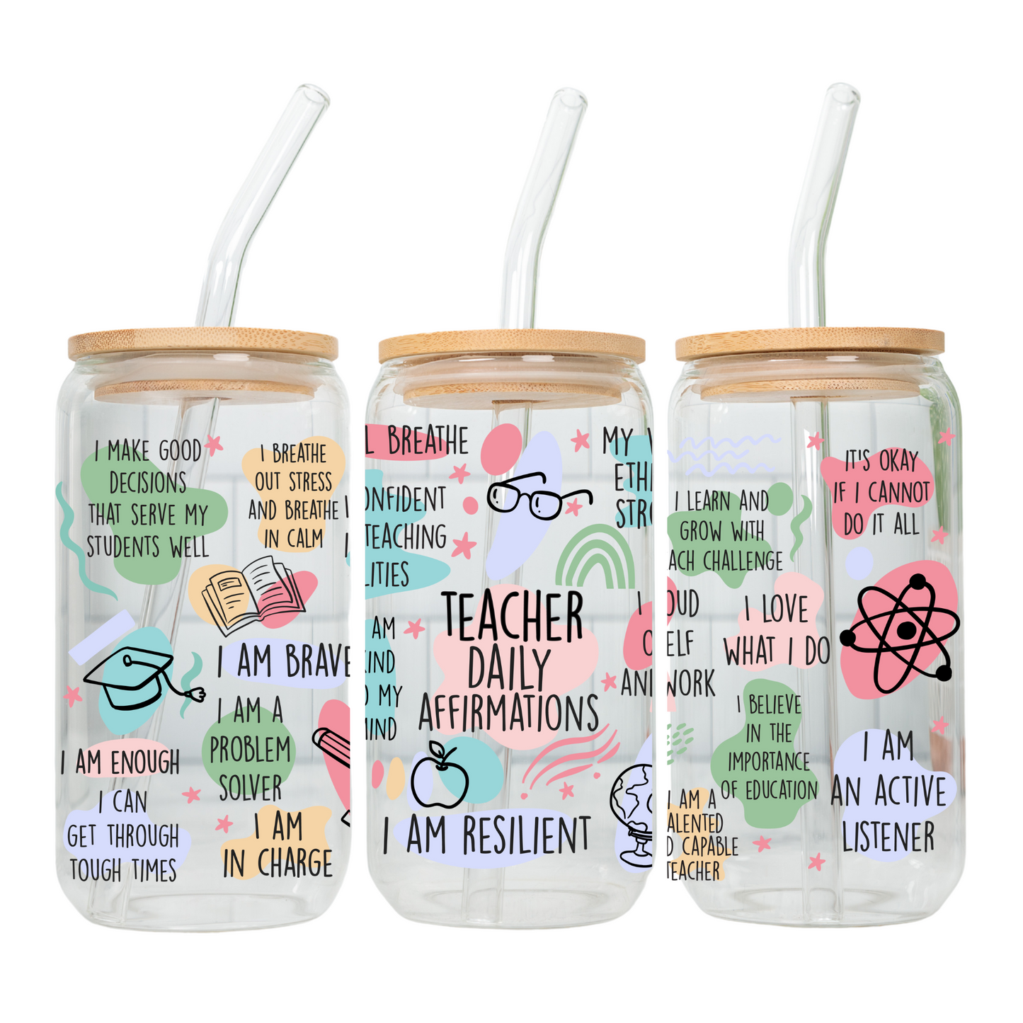 Daily Motivation Glass Cup 20oz with Glass Straw and Bamboo Lid Teacher gifts