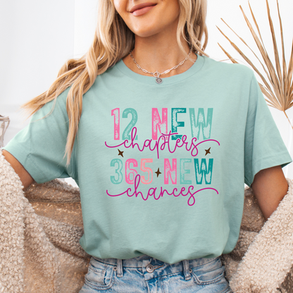 Family New Year Shirts - 100% Cotton Unisex T-Shirts for Adults and Kids - "12 New Chapters, 365 New Chances" Inspirational Design