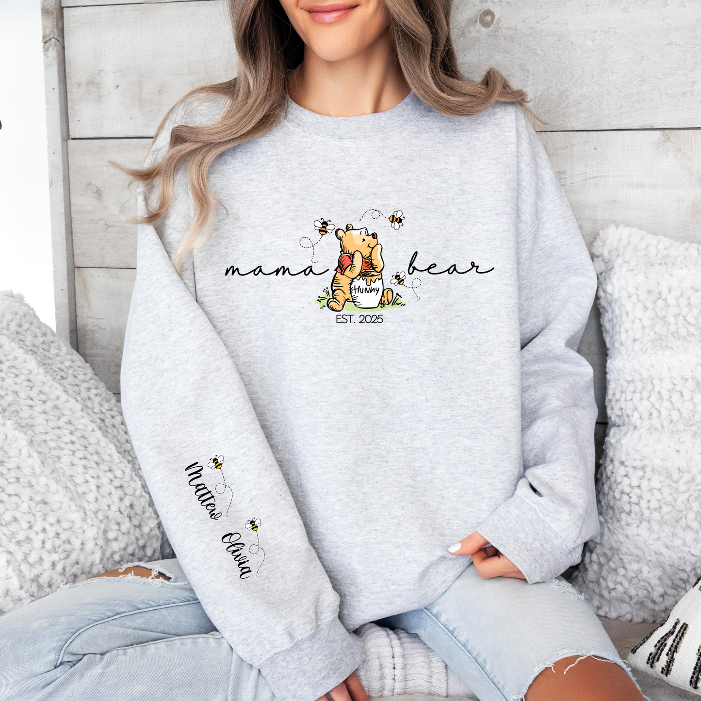 Personalized Mama Bear Sweatshirt with Custom Names on Sleeve