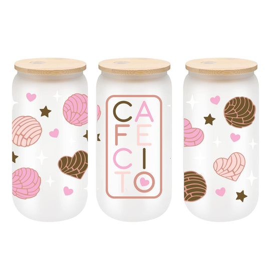 Cafecito Glass Cup 16oz with Glass Straw and Bamboo Lid Coffee lover gifts for Latinos