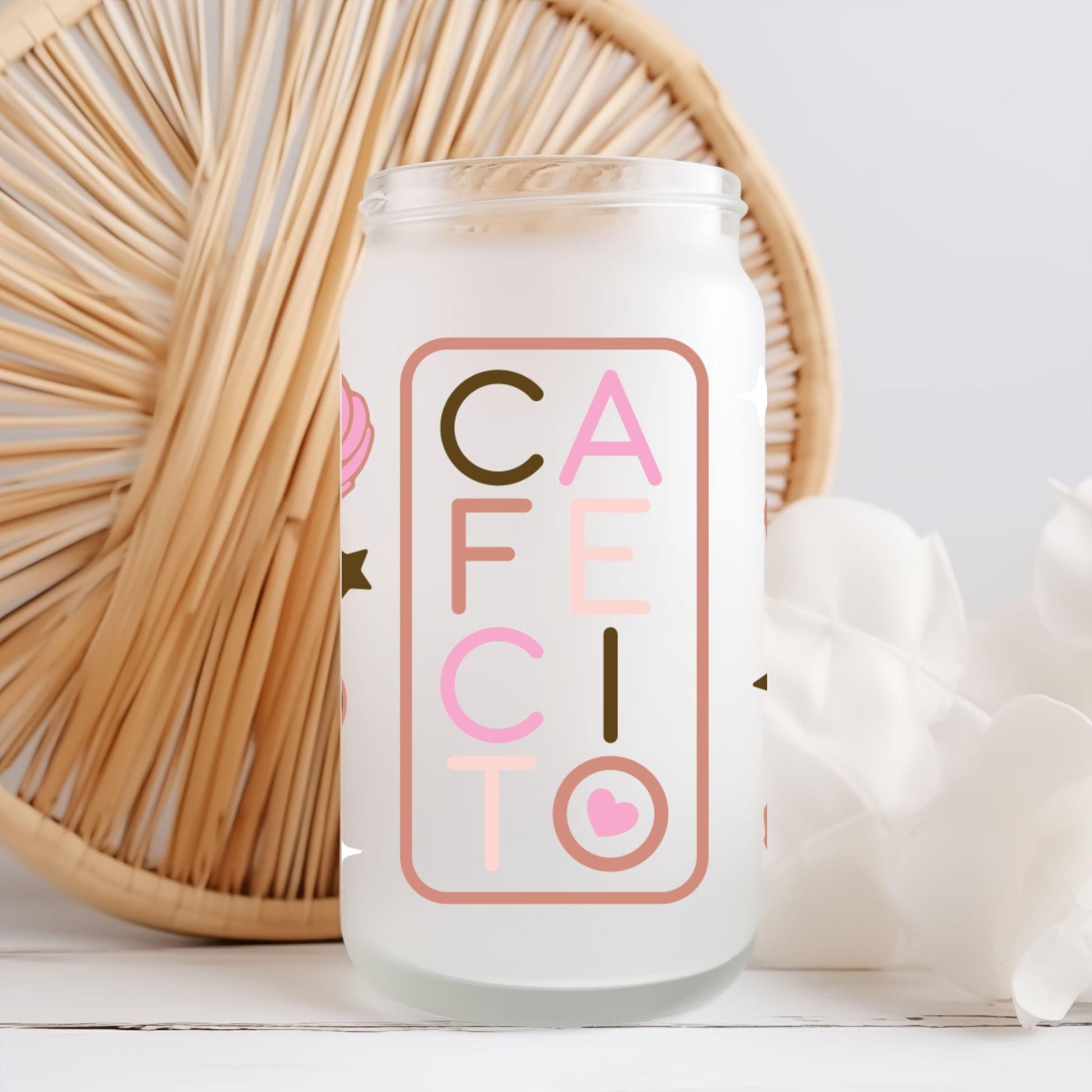 Cafecito Glass Cup 16oz with Glass Straw and Bamboo Lid Coffee lover gifts for Latinos