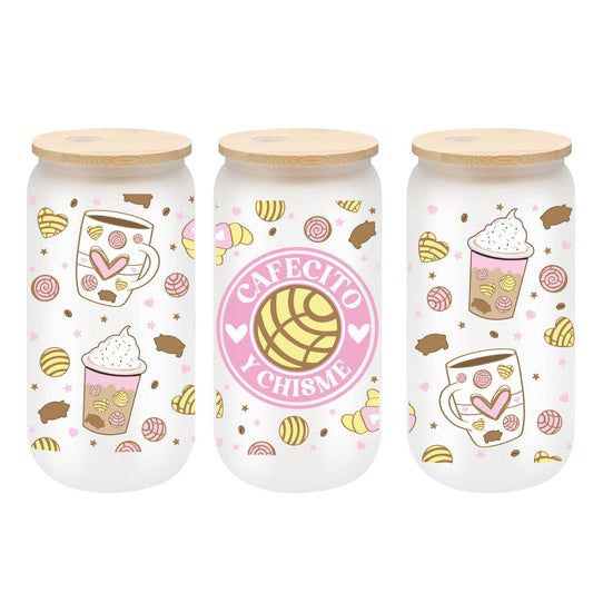 Cafecito y Chisme Glass Cup 16oz with Glass Straw and Bamboo Lid Coffee lover gifts