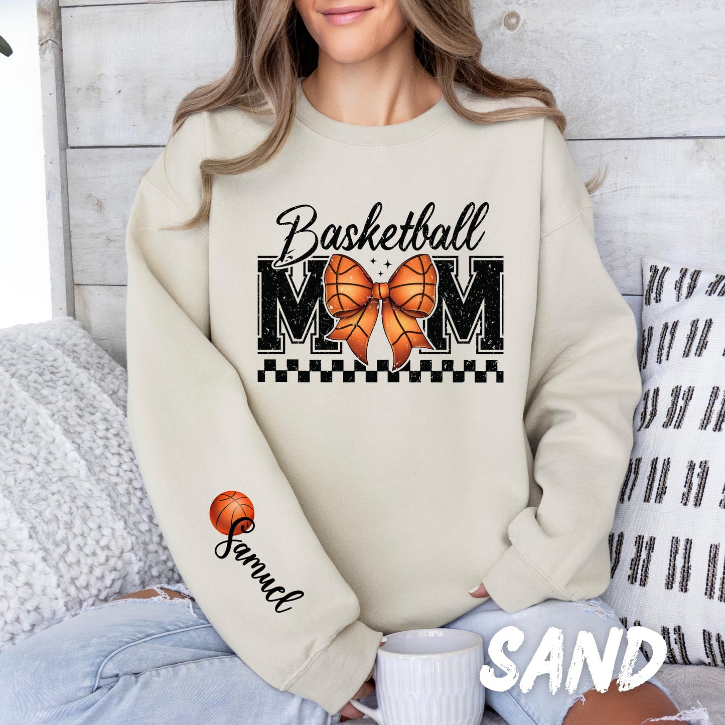 Basketball Mom Sweatshirt Personalized Coquette Basketball Sweatshirt with Name on Sleeve Sports Mom Shirt Mom Custom Gift